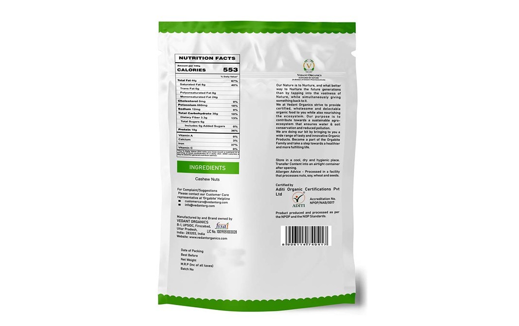 Orgabite Organic Cashew Nuts    Pack  1 kilogram